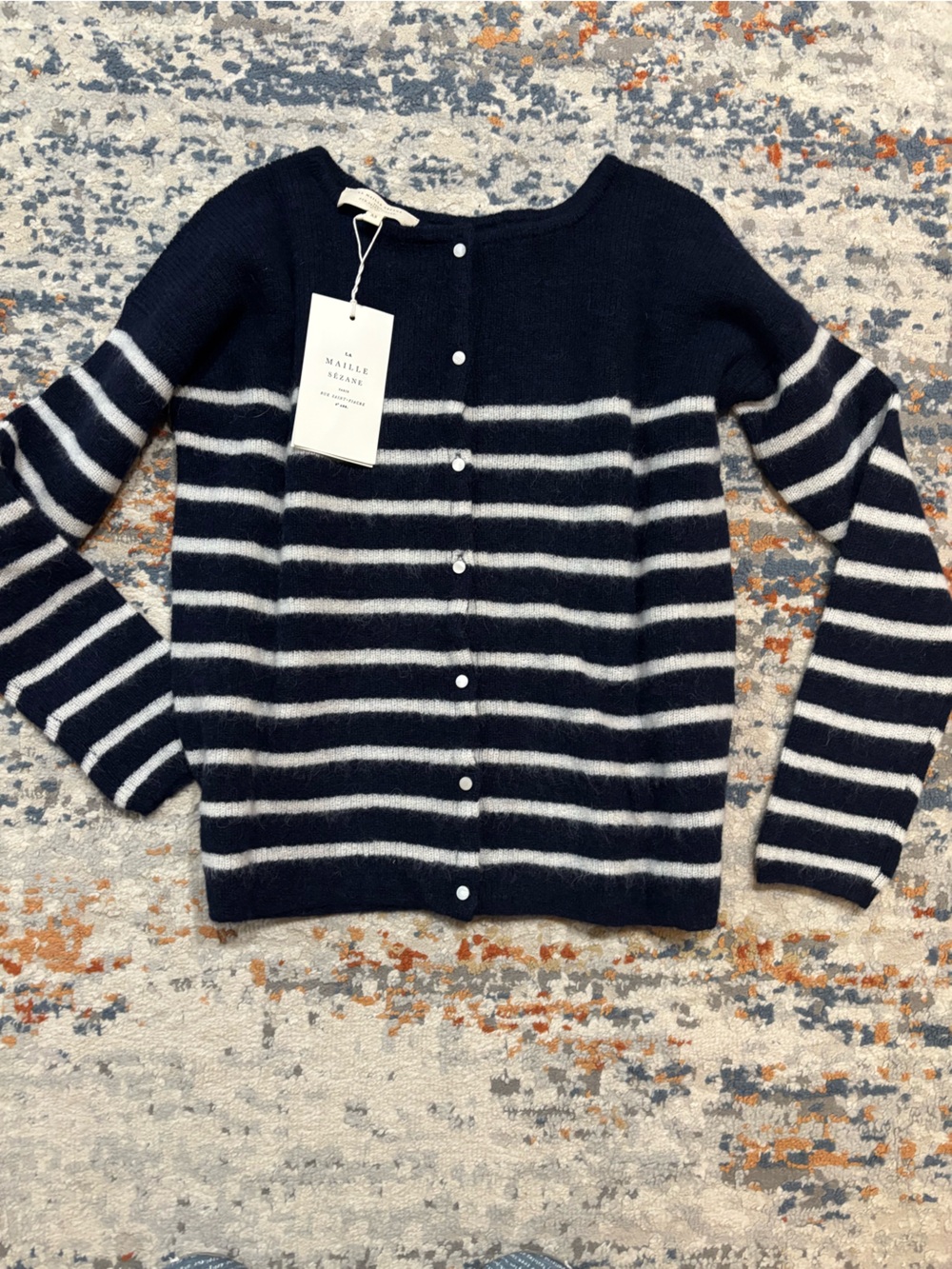 Sezane Navy and White Striped Button-Back Cardigan